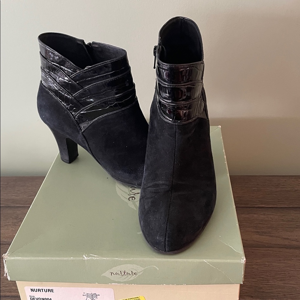 Nurture Black Ankle Boots with Glossy Accents